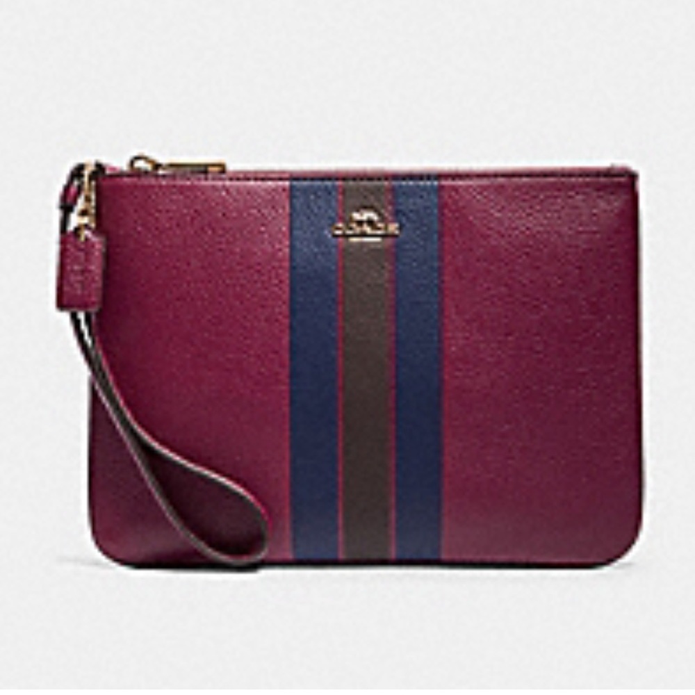 Coach Jes Gallery Pouch Jersey Striped Burgundy & Navy Clutch Wristlet Purse
